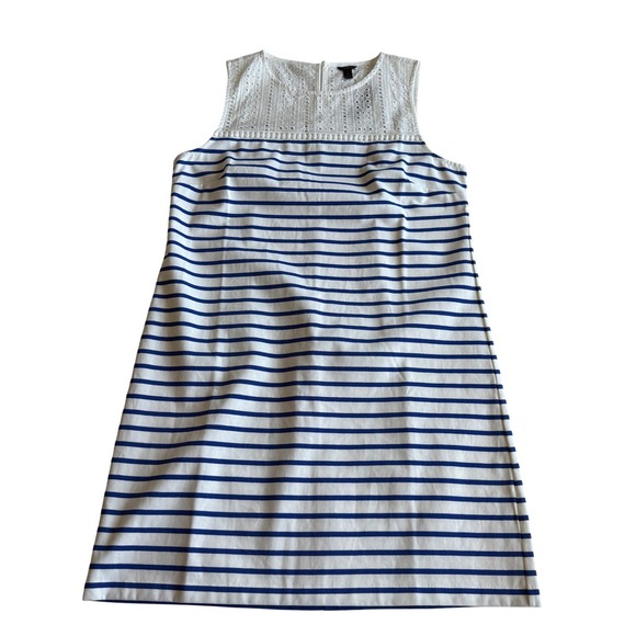 J Crew NWT Eyelet Top White Nautical Stripe A Line Sleeveless Dress M - Picture 1 of 9